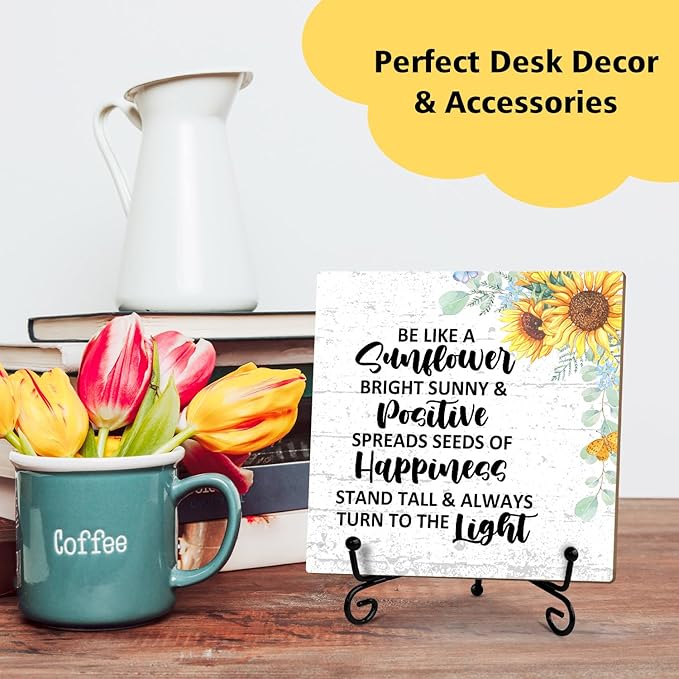 Sunflower Decor Wood Sign with Stand, Inspirational Gifts Motivational Gifts for Women Men Coworker Friends, Home Office Positive Decor Table Centerpiece Desk Decor Plaque for Bedroom Kitchen -37