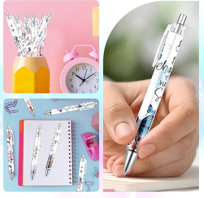 Butterfly Print Ballpoint Pens - 24PCS Kawaii Butterfly Pens Set Retractable Positive Affirmation Pens Smooth Writing Pens for Office Stationery Home School Supplies for Women Teacher Gifts