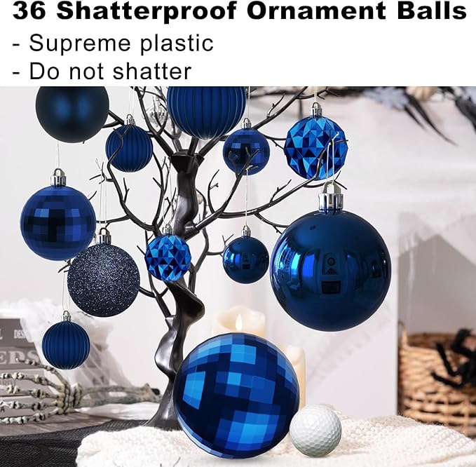Navy Blue Christmas Ornaments - Christmas Tree Decorations Shatterproof Hanging Balls for Birthday Wedding Holiday Decor Set of 36pcs, Multi-Sizes(1.6",2.5",3.2")