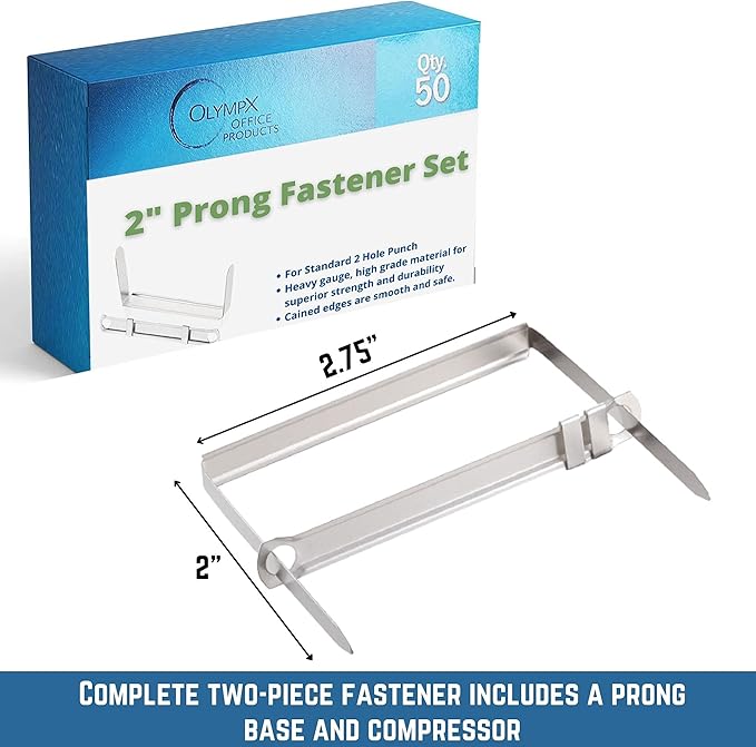 OLYMPX 50 Pcs of 2” Capacity Premium Metal Prong Paper Fastener Complete Set, 2.75 Inch Base with Standard 2-Hole Punch Compressor for Paper File Folder, 50 per Box