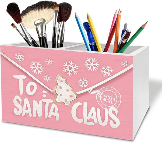 Pink Christmas Winter Pen Holder for Desk, Letter to Santa Claus Wooden Box Sign Desk Decor for Home Office Decoration, Preppy Xmas Pencil Organizer, Pink Christmas Room Decor