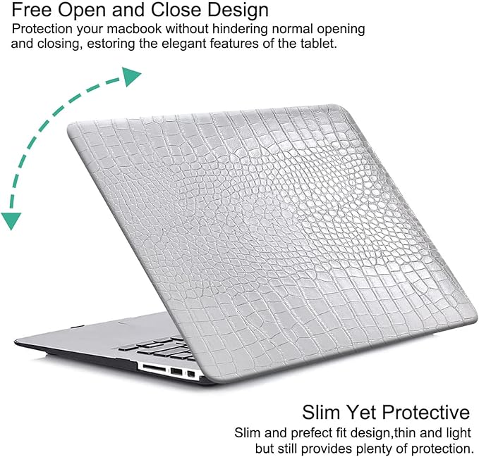 DTangLsm for Crocodile MacBook Air 13 inch Case 2022 2021 2020-2018 A2337 M1 A2179 A1932, Alligator Skin PU Leather Hard Cover Snakeskin Print Case for MacBook Air 13 M1+Keyboard Cover, Shining Silver