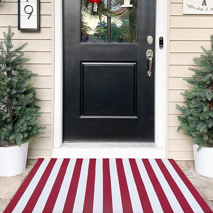 Christmas Outdoor mat Red and White Striped Outdoor Rug Front Porch Rug,Christmas Home Decor, Layerd Welcome Doormat for Front Porch Decor, Front Door, Farmhouse Decor (Red and White, 27.5'' x 43'')