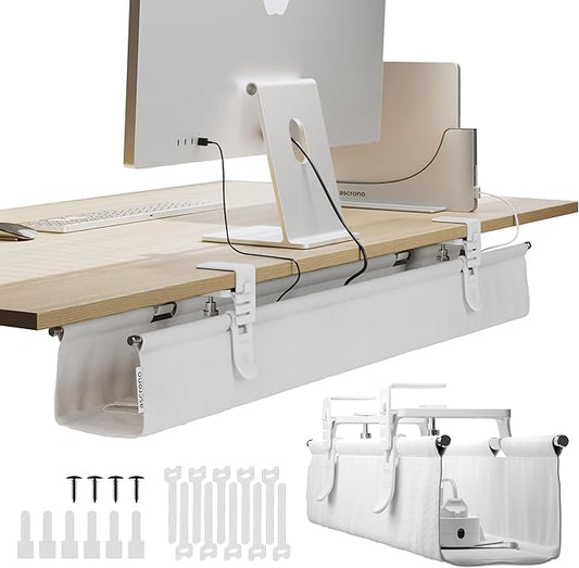 Ascrono Original No Drill Under Desk Cable Management Tray 40.6" - Premium White Fabric Cable Management Under Desk - Clamp/Screw Mount Cord Organizer - Supports Upto 66lbs - Large