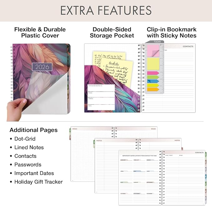 Essential PRO 2026 Daily, Weekly & Monthly Planner, 7"x9": 14 Months (Nov 2025 - Dec 2026) Monthly Tabs,Daily Tracking,Notes Pages,Storage Pocket,Bookmark w Sticky Notes (Pastel Peacock)