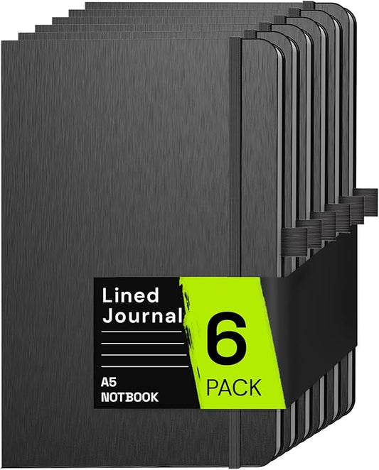 A5 Lined Journal Notebook, 7mm College Ruled Notepad, Journaling for Writing, Work, School, Travel and Note Taking, Hardcover 160 Pages (80 Sheets) 5.79 x 8.3 inches (6 Pack Black)