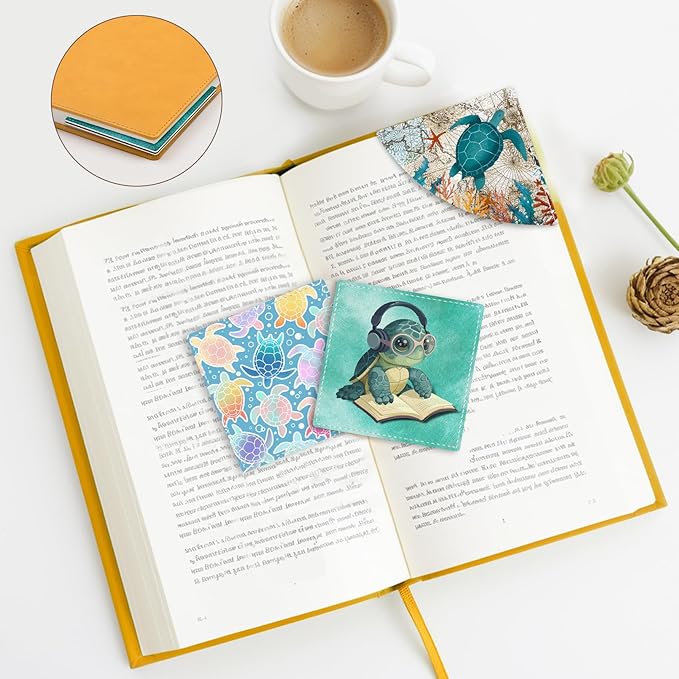 Cute Sea Turtle Corner Bookmarks, Funny Leather Book Accessories for Book Lovers, 3 Pcs Reading Book Page Markers for Women Men Student Teacher Girls Boys Kids Retirement Birthday Gifts