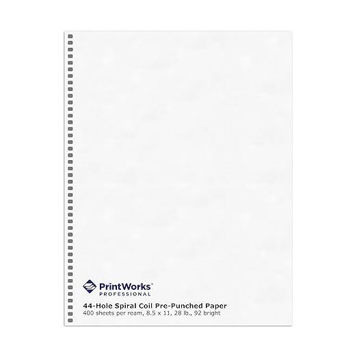 PrintWorks Professional Pre-Punched Spiral Binding Paper - 44-Hole (4:1 Pitch Hole Punch) - Book Binding Printer Paper - Made in the USA - 400 Sheets - 8.5" x 11" - 28 lb - 92 Bright White (04165)