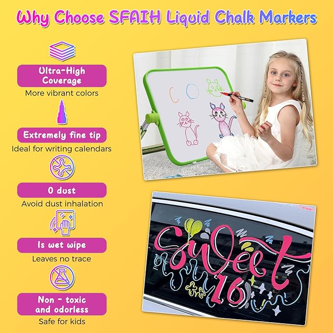 SFAIH 8 Vibrant Liquid Chalk Markers Erasable - 0.7-1mm Fine Tip Chalkboard Pens for Blackboards, Calendar, Acrylic Board, Glass, Signs, Mirror, Dust Free, Non-Toxic, With Highlighter Color Markers