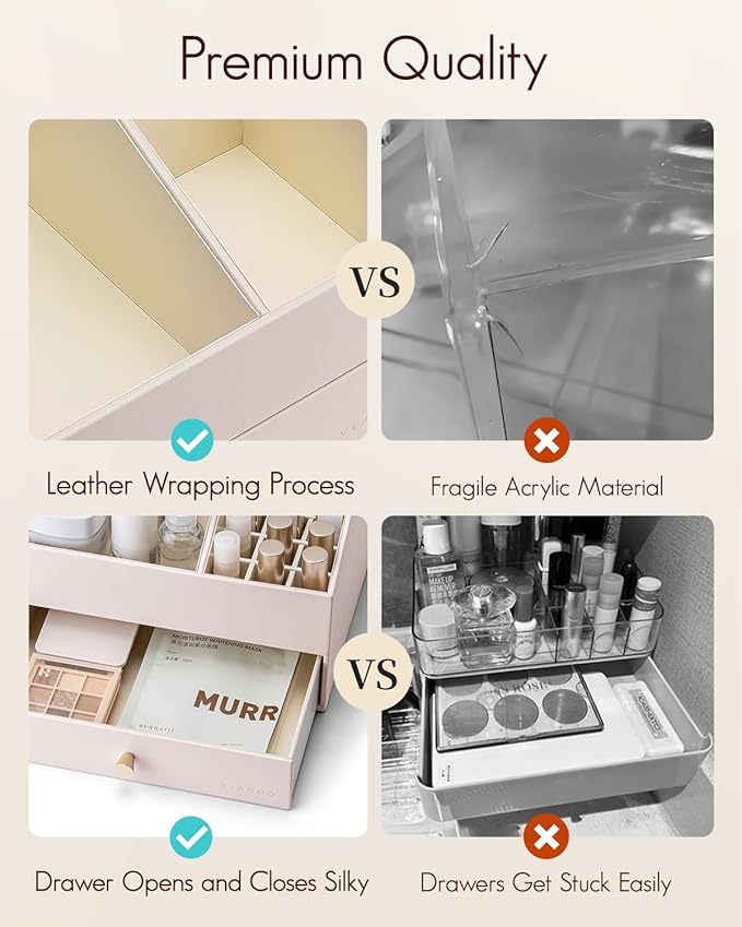 Vlando Makeup Organzier,Vanity Organizer with Drawers, PU Leather Skincare Organizer Perfume Organizer,Large Cosmetic Display Case for Lipstick,Brushes Gifts for Women-Apricot White