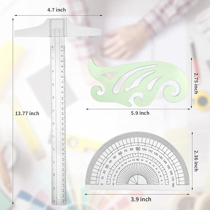 Frienda 5 Pieces Drafting Tools 12 Inch T-Square Ruler Plastic Transparent Drawing Ruler 180 Degree Protractor, 2 Triangles and a French Curve for Students and Engineering Drawing