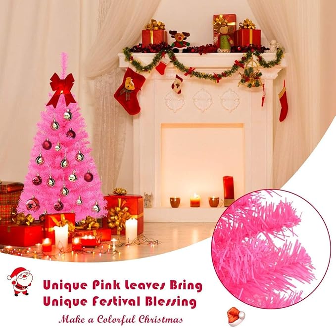 Happygrill 3FT Artificial Christmas Tree, Pink Premium Mini Christmas Tree with Stand Base, Indoor Tabletop Xmas Tree for Home Office Festival Holiday Decoration