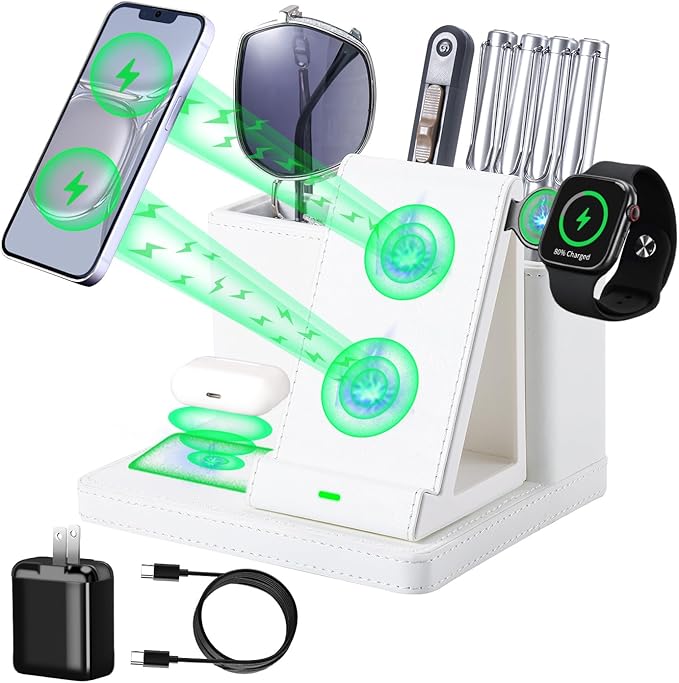 Leather Desk accessories Pen Holder with 3-in-1 Wireless Charger for Phone, Earbuds, Watch Multifunctional Desktop Phone Stand for Office and Home,birthday gifts,gifts for him (white)