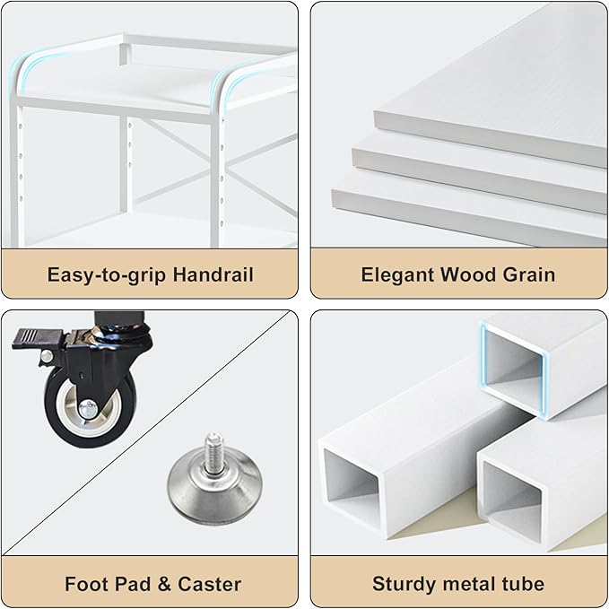 20 Inches Large Printer Stand, 2-Tier Under Desk Printer Table with Height Adjustable Shelf, Rolling Printer Cart with Industrial Wheels for Home Office (White)