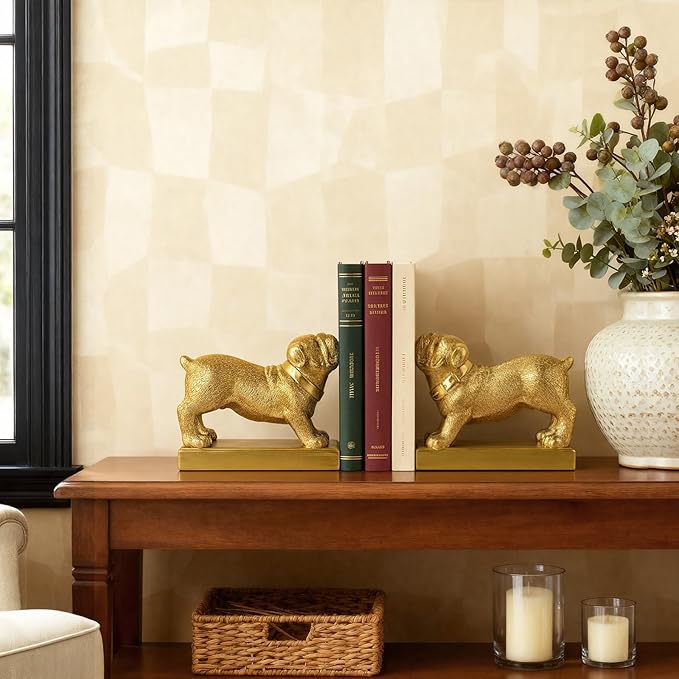 Decorative Bookends for Shelves, Dog Book Ends for Heavy Books, Bulldog Statues Bookends for Heavy Books with Anti-Slip Base Book Holders for Home Office Decor (Gold)