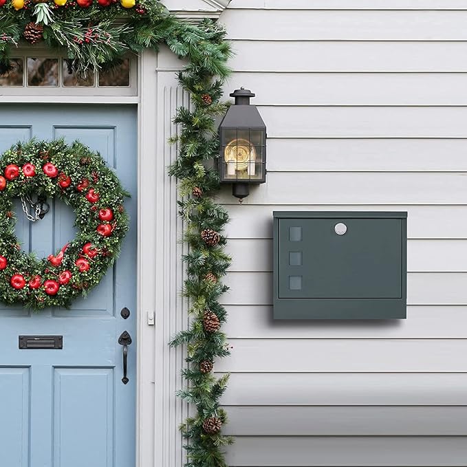 LAND·VOI Locking Mailbox Wall Mounted, Metal Postbox with Three Sets of Mail Box Number Stickers, 4 Keys, 14.4" x 4.5" x 11.2", Large Capacity, Anthracite Gray AMB11G