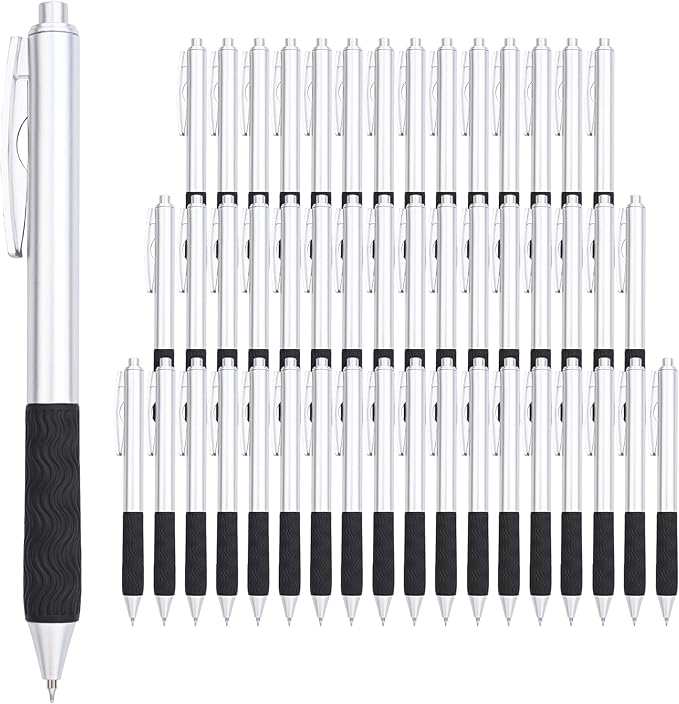 Bulk Black Pens, 50 Black ink Gel Pens,0.5 mm Fine Tip,Wholesale Fine Teacher Pens,Back to School Supplies,Gifts for Friends (Silver Body)