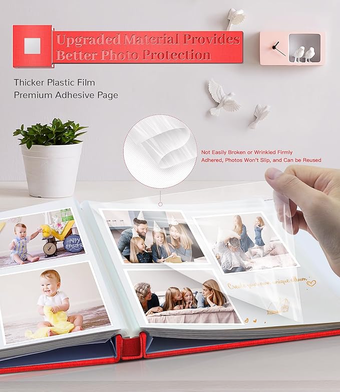 Photo Album Self Adhesive Scrapbook Album for 3x5 4x6 5x7 8x10 Pictures,60 Pages Linen Cover with Display Window DIY Photo Book,Ideal Gifts for Family Travel Wedding Baby