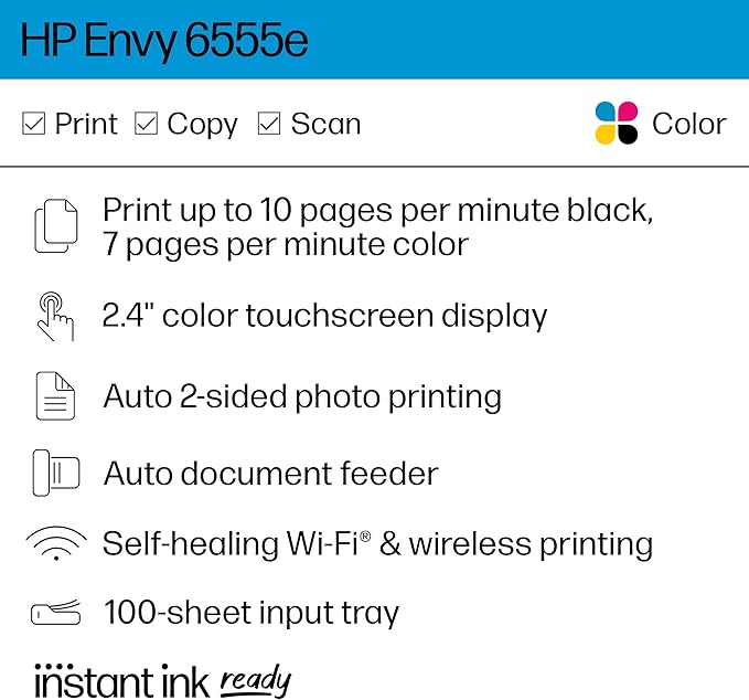 HP Envy 6555e Wireless All-in-One Color Inkjet Printer, Print, scan, Copy, Duplex Printing Best-for-Home, 3 month Instant Ink trial included (714N5A)
