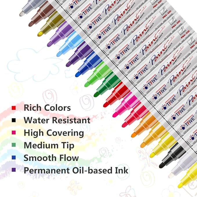 TFIVE Paint Pens Paint Markers Never Fade Quick Dry and Permanent,18 Color Oil-Based Waterproof Marker Pen Set for Rock Painting, Stone, Ceramic, Wood, Fabric, Plastic, Canvas, Glass, Mugs