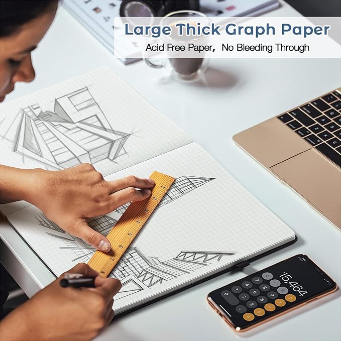 Graph Paper Notebook, Hardcover Notebook 8.5 x 11, Grid Notebook Journal for Women, Men, Large Leather Journals for Writing, Thick Paper, A4 Notebooks for Work, School Supplies, Engineering Blue