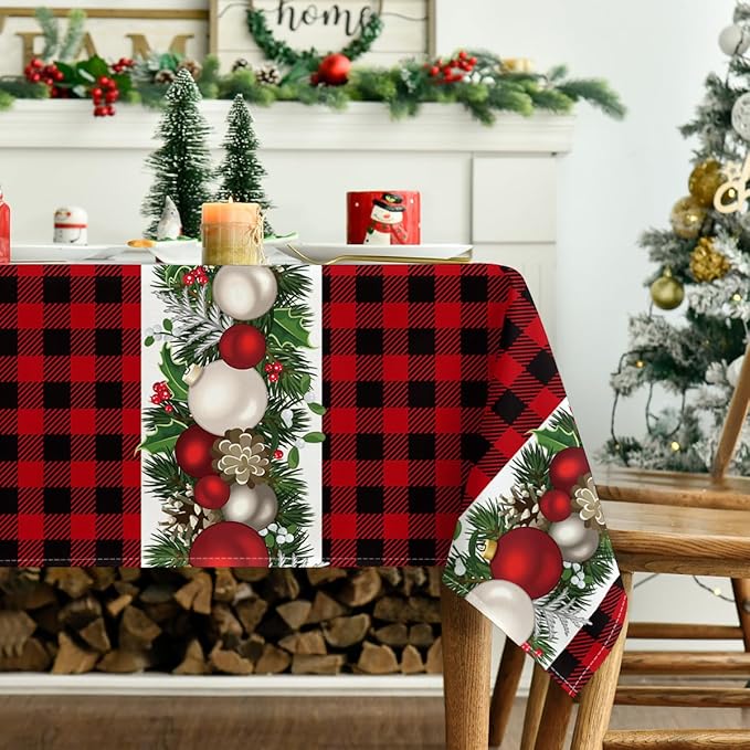 Horaldaily Christmas Tablecloth 60×104 Inch, Christmas Ball Ornaments Red Bufalo Plaid Washable Table Cover for Party Picnic Dinner Decor