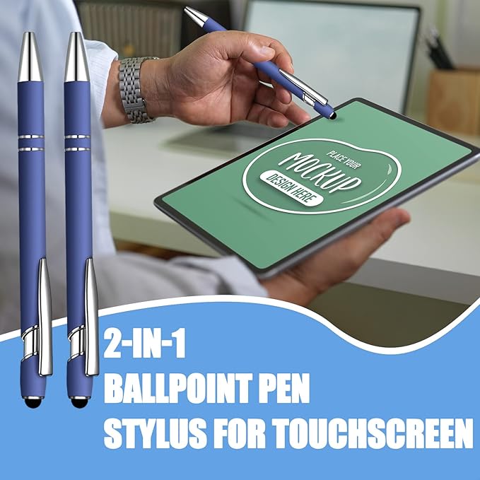 8 Pcs Blue Ink Ballpoint Pen with Stylus Tip 2 in 1 Stylus Ballpoint Pen Metal Pens Stylus Pen for Touch Screens School Office Coworkers (Navy Blue)