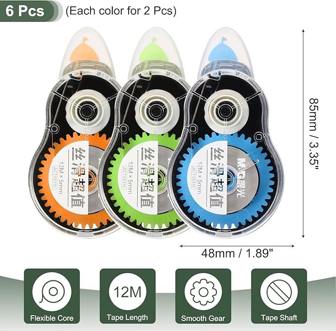 M&G 6Pcs 39 Ft Tape, Correction Tape Tear Resistant Whiteout Tape Easy to Use Instant Bulk Cool Transparent Dispenser for Classroom Office, Black