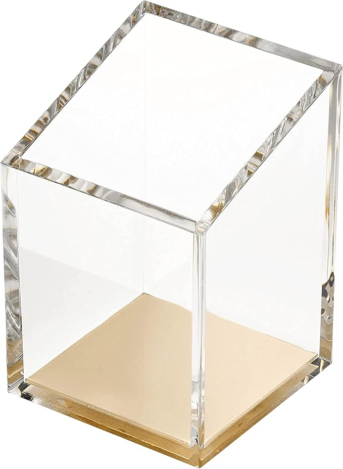 OfficeGoods Acrylic Pen & Pencil Holder - Modern Trapezoid Design - Beautiful Desk Organizer for Home or Office - Contrasting Metal Base - 3" Square w/ 3.5" Front & 4.5" Back - Gold