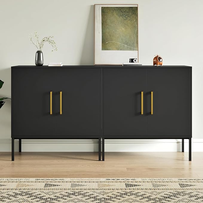 LYNSOM Storage Cabinet with Doors, Set of 2, Modern Buffet Cabinet with Storage, Kitchen Sideboard Buffet, Black Wood Accent Cabinet for Living Room, Bedroom, Hallway, Entryway, Office, Black