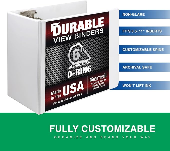 Samsill Durable 6 Inch Binder, Made in The USA, Locking D Ring Binder, Customizable Clear View Cover, Pearl White, Holds 1225 Pages