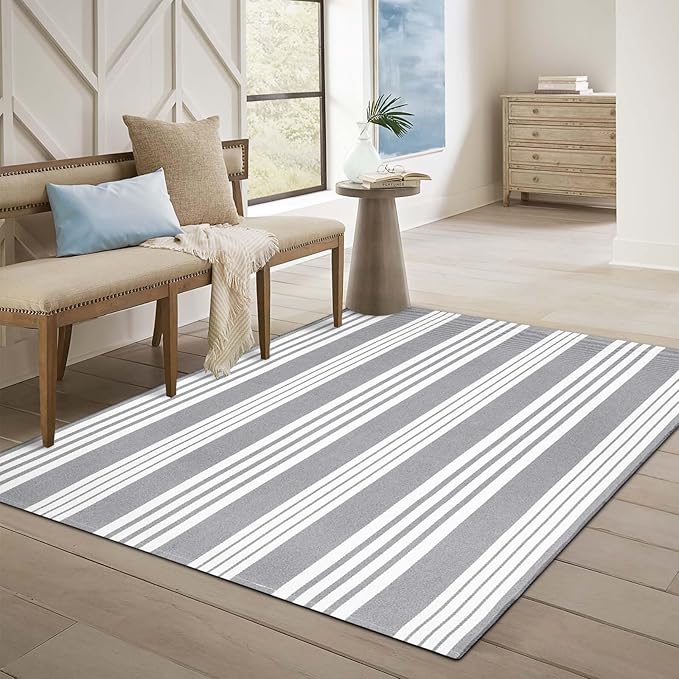OJIA Outdoor Area Rug 4'x6', Gray and White Outdoor Rug Machine Washable Patio Rugs Cotton Hand Woven Entryway Rug Indoor Outdoor Rugs for Bedroom Living Room Porch Decor Deck Backyard Camping
