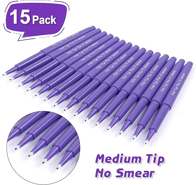 Lelix Felt Tip Pens, 15 Purple Pack, 0.7mm Medium Point, Felt Tip Markers Pens for Journaling, Writing, Note Taking, Planner, Perfect for School Office and Art Supplies