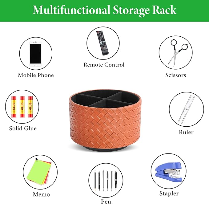 Hennaja Round Leather Art Supply Organizer,Remote Control Holder,360 Degree Spinning,Multi-Functional Pencil Holder,4 Compartments Desktop Stationary Organizer(1-Weave Brown)