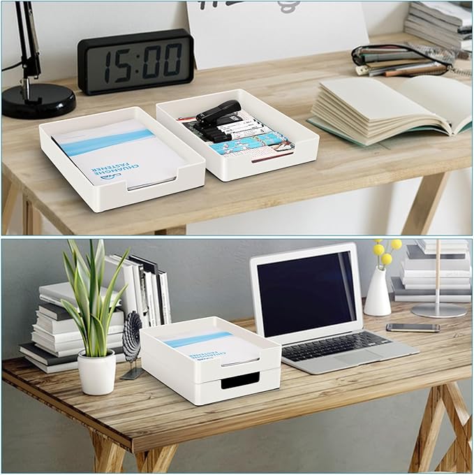 Letter Tray/Paper Tray Organizer for Desk/Stackable Letter Tray Paper Holder File Organizer for Office Supplies School Home Desk Accessories (White) 2Pcs