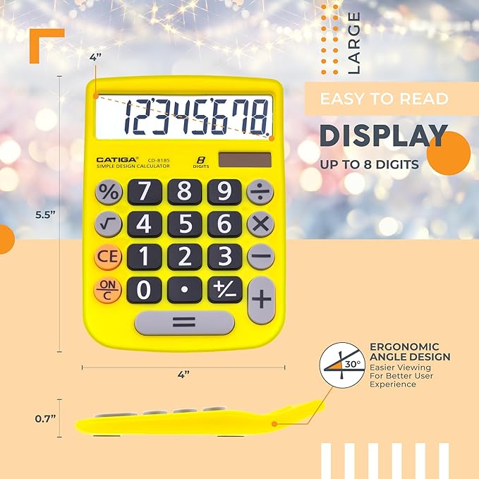 CATIGA Desktop Calculator 8 Digit with Solar Power and LCD Display, Big Buttons, for Home, Office, School, Class and Business, 4 Function Small Basic Calculators for Desk, CD-8185