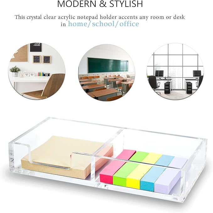 Sticky Notes Holder 2in1 Memo Pad Dispenser,7.8" x 3.9" x 1.4" Clear Desk Supplies Organizer Accessories for Office Home School Post Bank (DP013)