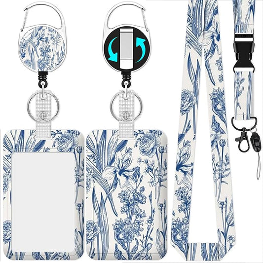 Blue Flower Badge Holder Reel Lanyard,ID Card Badge Holder Retractable Name Tag Clips for Doctor Nurse Teacher Office Student