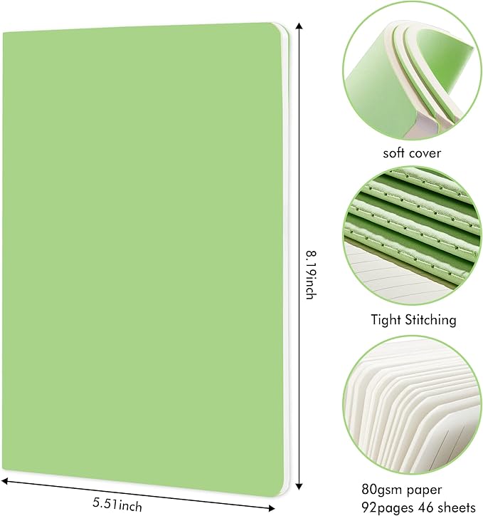 16 Pack Soft Cover Journal Bulk, Feela Lined Notebooks College Ruled for Work for Women Girl Writing, Blank Travel Journal Note Taking Notebook School Business Supplies, 8.2” x 5.5”, A5, Light Green