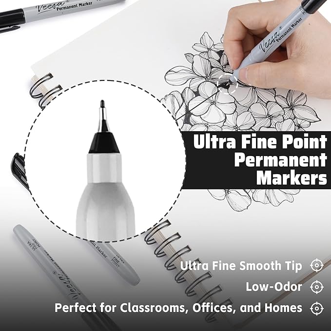 VEESA Permanent Markers Ultra Fine Point, 60 Pack, 0.4mm Black Permanent Markers, Waterproof, Fade-Resistant, Quick Drying, Back to School Supplies