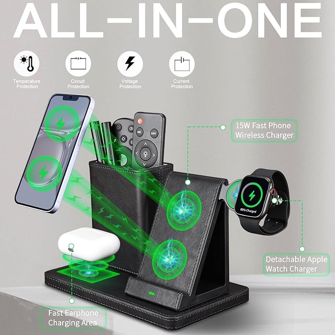 Office Supplies Desk Accessories,Pen Holder Remote Control Holder, Organizer with Phone Charger,Nightstand Desktop Organizer,Black Leather Desk Organizer With Charging Station (black)