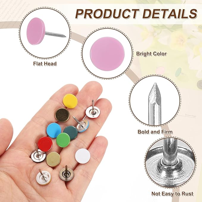 uxcell 100Pcs Upholstery Tacks, 11mmx17mm Flat Head Thumb Tack Decorative Furniture Nails Push Pins for Furniture Sofa Headboards, Pink