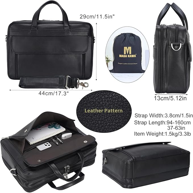 Masa Kawa Leather Briefcase for Men 15.6" - 17" Laptop Computer Case Business Travel Work Messenger Cross Body Shoulder Bag