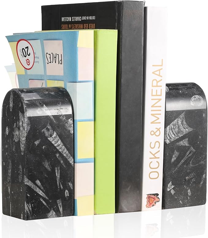 Koville Moroccan Natural Marble Bookends for Shelves, Decorative Book Ends, 7lbs Heavy-Duty Marble Book Holders, Bookshelf Apartment Decor for Normal Books/CD/Video Games(Black Fossil)