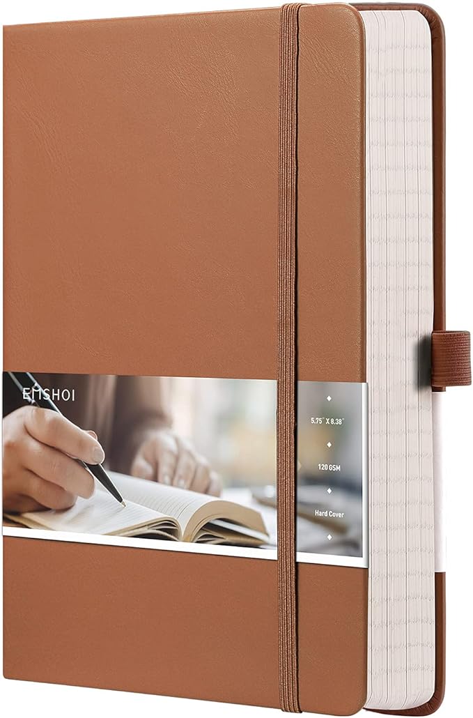 EMSHOI Lined Journal Notebook, 120 gsm Leather Hardcover with Sticky Notes & 256 Numbered A5 Pages – College Ruled Notebook for Writing, Work, School, Men, Women | 5.75”x8.38” – Brown