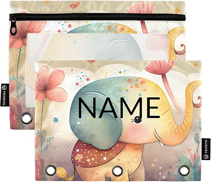 ZAZYXTJ Personalized Cute Elephant Binder Pencil Pouchs 3 Ring with Zipper Clear Window Office Organizers bag for School Students Teacher Supplies 2 Pack