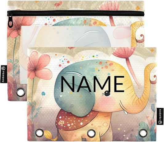 ZAZYXTJ Personalized Cute Elephant Binder Pencil Pouchs 3 Ring with Zipper Clear Window Office Organizers bag for School Students Teacher Supplies 2 Pack
