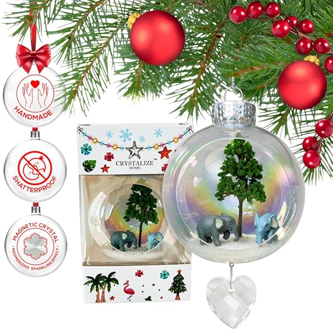 Elephants Christmas Ornament - Handmade Shatterproof Decorations for Indoor Outdoor Xmas Tree - Clear Ball Ornaments with Magnetic Crystal - Great Gift or Stocking Stuffer for Mom, Sister, Friend