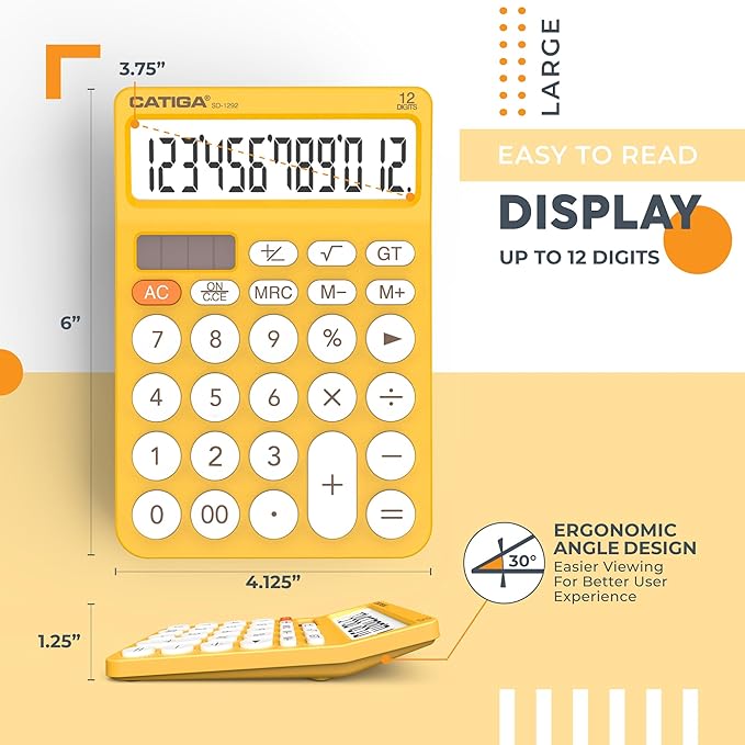 CATIGA 12 Digit Desktop Calculator Basic Desk Calculator with Large LCD Display, Big Buttons, 4 Function, Solar and Battery Dual Power, for Office, School, Home, SD-1292 Yellow