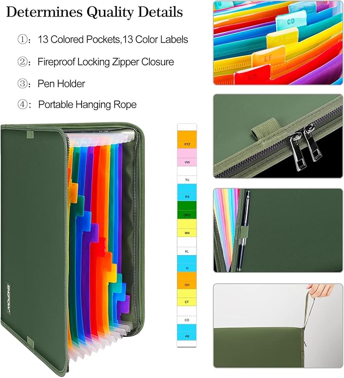 ENGPOW 13 Pocket Expanding File Folder,Fireproof Accordion File Folder Document Organizer with Zipper Closure,Document Folder Safe with Colorful Tabs,A4 Letter Size for Travel,Home,Office,Green